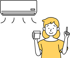 熱中症対策をする女性のベクターイラスト エアコン 水分補給  熱中症予防 シンプル かわいい