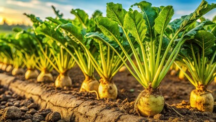 Dense rows of sugar beet roots growing in a cultivated field with yellowish-brown soil and green foliage , crop