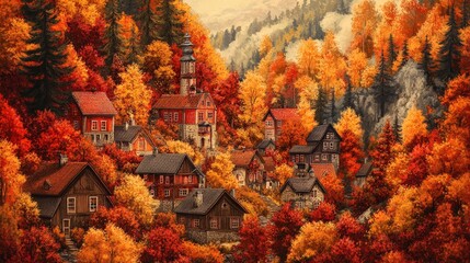 cozy village nestled in a valley, surrounded by autumn foliage in vibrant shades of red, orange, and yellow, sparking warmth and comfort