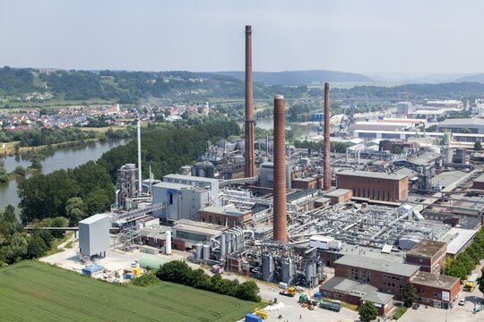 Aerial view, of Kelheim Fibres GmbH, companies in the chemical industry, production of viscose fibers, Kelheim, Bavaria, Germany, Europe