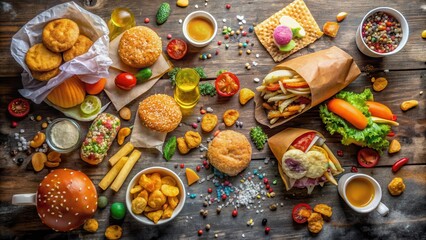A colorful array of junk food items scattered on a dirty table