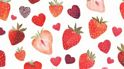 creative fruit pattern with strawberries and raspberries drawn as tiny hearts, arranged in a romantic and sweet design