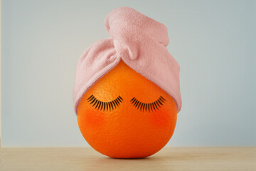 Orange fruit with false eyelashes and hair towel turban - Concept of beauty and vitamin C