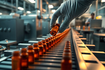 Close-up of laboratory researcher holding medical glass tube with. Scientist at job. Pharmacist scientist examining medical vials specimen in a research laboratory. Chemistry concept.