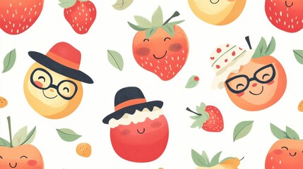 cute fruit pattern with cartoon strawberries, apples, and peaches, each wearing tiny hats and glasses.