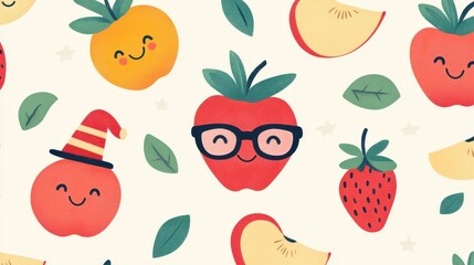 cute fruit pattern with cartoon strawberries, apples, and peaches, each wearing tiny hats and glasses.