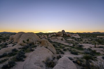 Sunset, landscape with round granite rocks, rock formations, White Tank Campground, Joshua Tree National Park, Desert Center, California, USA, North America