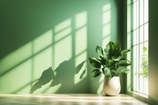 Plant in sunlit room with green wall and shadows, wooden floor by window, AI generated - Powered by Adobe
