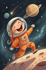 Fototapeta premium Joyful Cartoon Astronaut Floating in Space with Planets