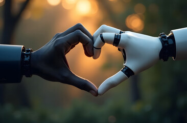 The human hand and the robot form the shape of a heart together. It's a combination of technology and humanity, a connection between a human and a robot.