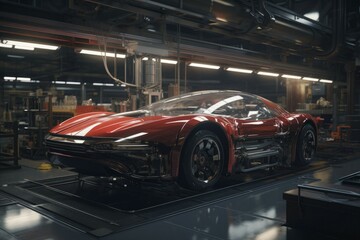 Obraz premium AI-assisted assembly using robot arms in a production line, car factory, AI generated