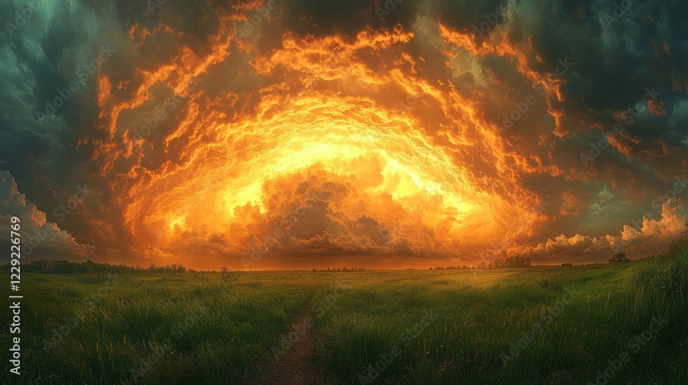 Poster golden rays spill across the sky, mingling with waves of puffy clouds. the vibrant colors dance abov