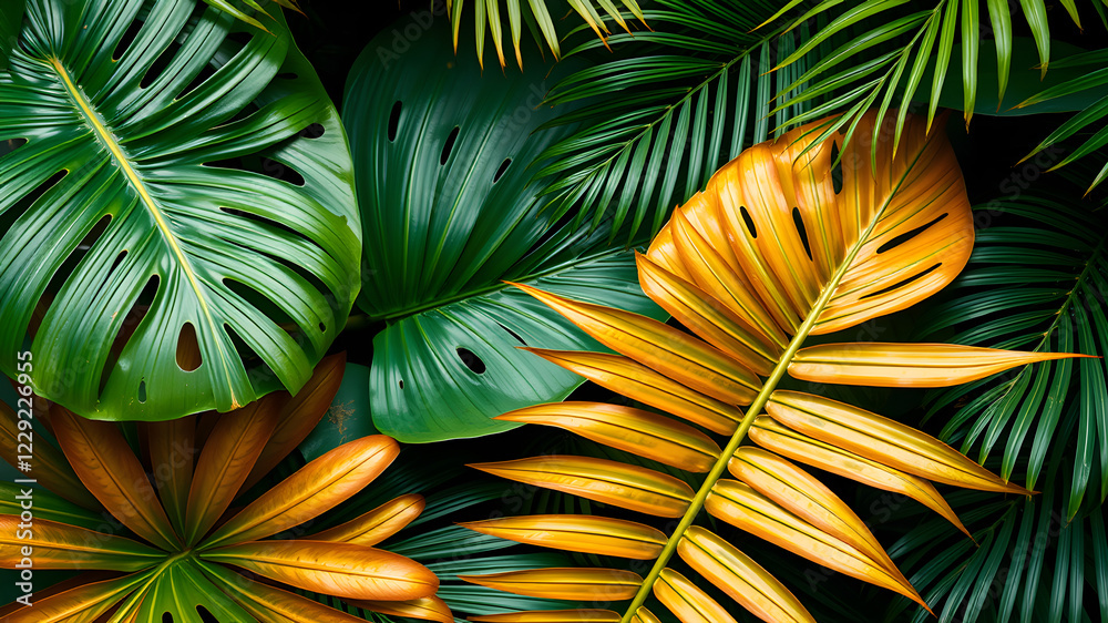 Poster Monstera and palm leaves jungle texture