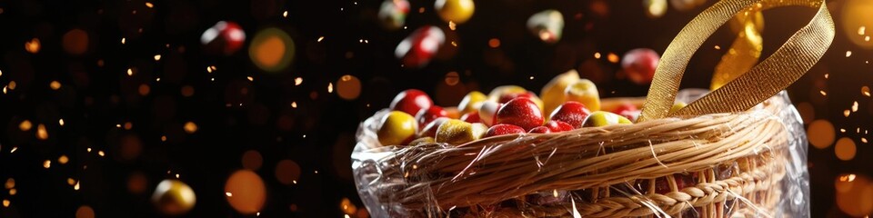 A colorful basket filled with candies sits on a table, perfect for parties or celebrations
