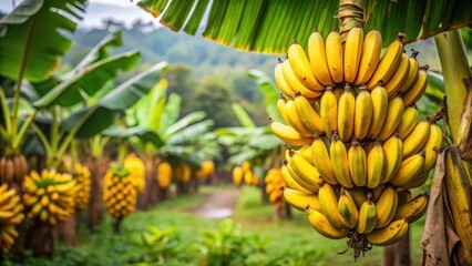 Fototapeta premium cluster of ripe bananas hanging from a tree in an Indonesian plantation, fruit cluster, agricultural setting