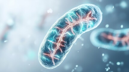 3D rendering of a glowing mitochondrion with visible internal structure, symbolizing energy production and cellular biology.
