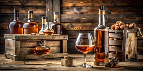 A full glass brandy bottle sits on a rustic wooden crate, surrounded by a few bottles of wine and spirits, evoking a sense of rustic charm and natural beauty, wine, crates