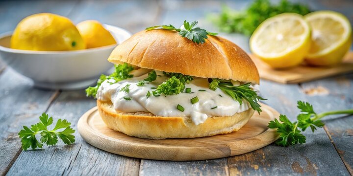 Fresh Backfisch fish fillet served in a soft bun with a dollop of creamy remoulade sauce, garnished with fresh parsley and lemon wedges, seafood, backfisch fillet