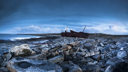 Shipwreck Plassy, ​​stranded on the Finnish coast in 1960, Inis Oirr, Aran Islands, Ireland,...
