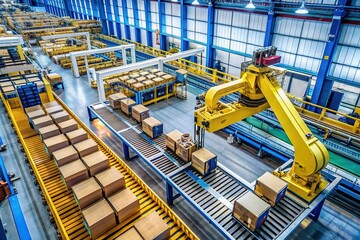 Aerial View: Articulated Robotic Arm on Automated Packaging Line in Smart Factory