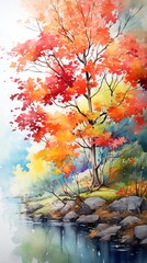 Vibrant autumn tree by the tranquil water.