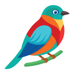 Colorful Bird Sitting on Branch Illustration on White