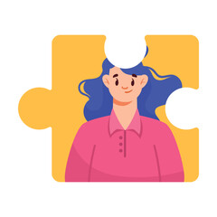 Jigsaw Puzzle with Woman Team Member Character Vector Illustration