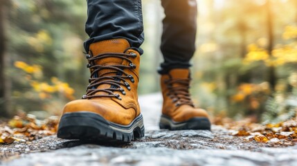 Close-up of hiking boots on forest trail in autumn sunlight