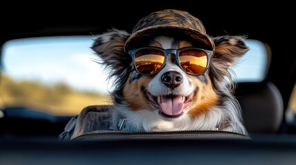 Stylish dog wearing sunglasses and camouflage hat in car