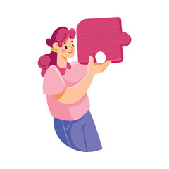 Woman Team Member Character Hold Jigsaw Puzzle Vector Illustration