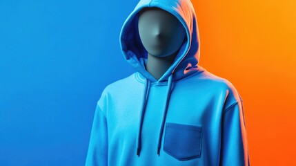A mannequin posing in a blue hoodie on an orange and blue background, suitable for use as a fashion model or product display