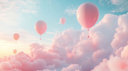 Fototapeta premium dreamy scene with balloons in soft pastel tones floating over a vast, cloud-filled sky