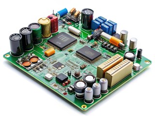 Electronic Components Circuit Board Isolated on White Background - Stock Photo