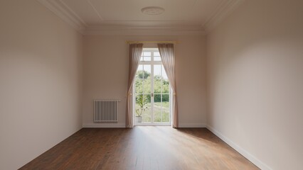 Bright empty room featuring elegant french doors and wooden floor. 3d render