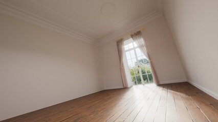 Obraz premium Bright empty room featuring elegant french doors and wooden floor. 3d render
