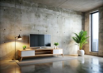 Empty Loft Apartment Interior: LED TV on Stand, White Concrete Wall
