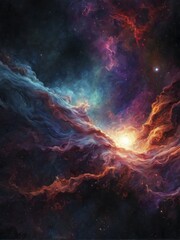 Vibrant and colorful nebula with swirling shades of orange and blue amid a starry cosmic landscape, AI generated