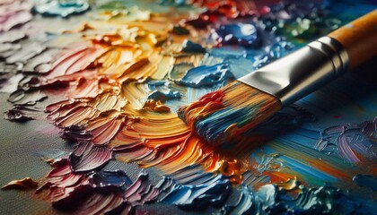 Fototapeta premium Close up of brush and oil painting