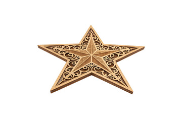 Fototapeta premium A carved wooden star with ornate swirls and detailed patterns, blending craftsmanship and rustic charm, isolated on a transparent background