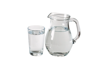 A clear water pitcher and glass filled to the brim, emphasizing hydration and minimalistic aesthetics with a pristine finish, isolated on a transparent background