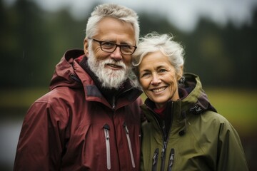 Older couple with grey hair in mackintosh standing happily in open nature, Nordic landscape and forest behind, hiking, outdoor, happy, AI generated