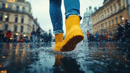 Yellow boots splashing in rain puddle on urban street