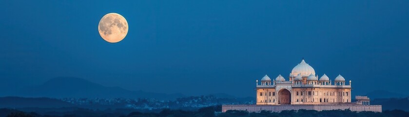 Obraz premium A stunning view of a monument under a full moon at twilight.