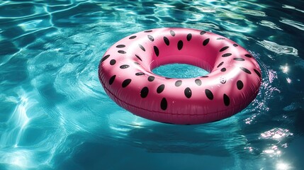 Pink watermelon inflatable ring floating in sunlit pool water