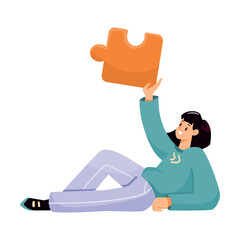 Woman Team Member Character Hold Jigsaw Puzzle Vector Illustration