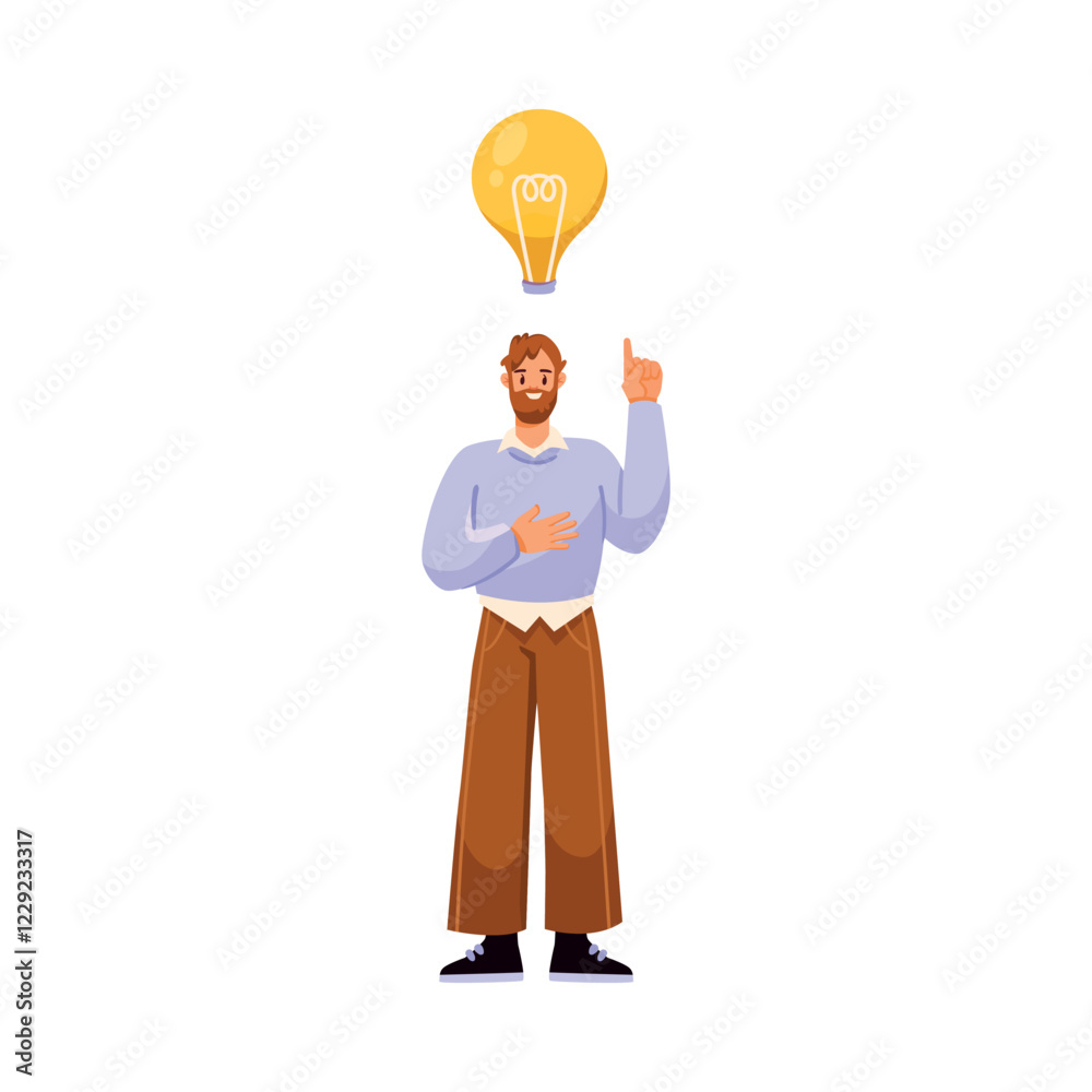 Poster man team member character with lightbulb vector illustration