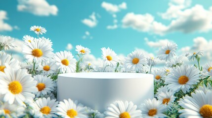 Obraz premium White pedestal in daisy field under sunny blue sky with fluffy clouds