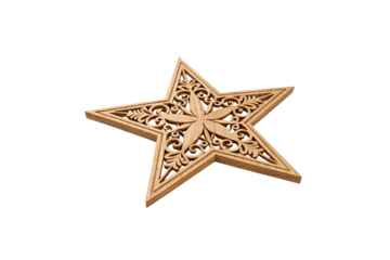 A wooden star with delicate floral and scroll patterns, combining elegance and intricate woodworking skill, isolated on a transparent background