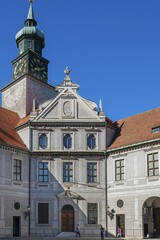 Clock Tower in the fountain courtyard of the residence, Munich, Upper Bavaria, Bavaria, Germany, Europe