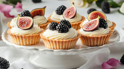 Cheesecake tarts uniquely topped with figs, blackberries, and passionfruit on an elegant platter.